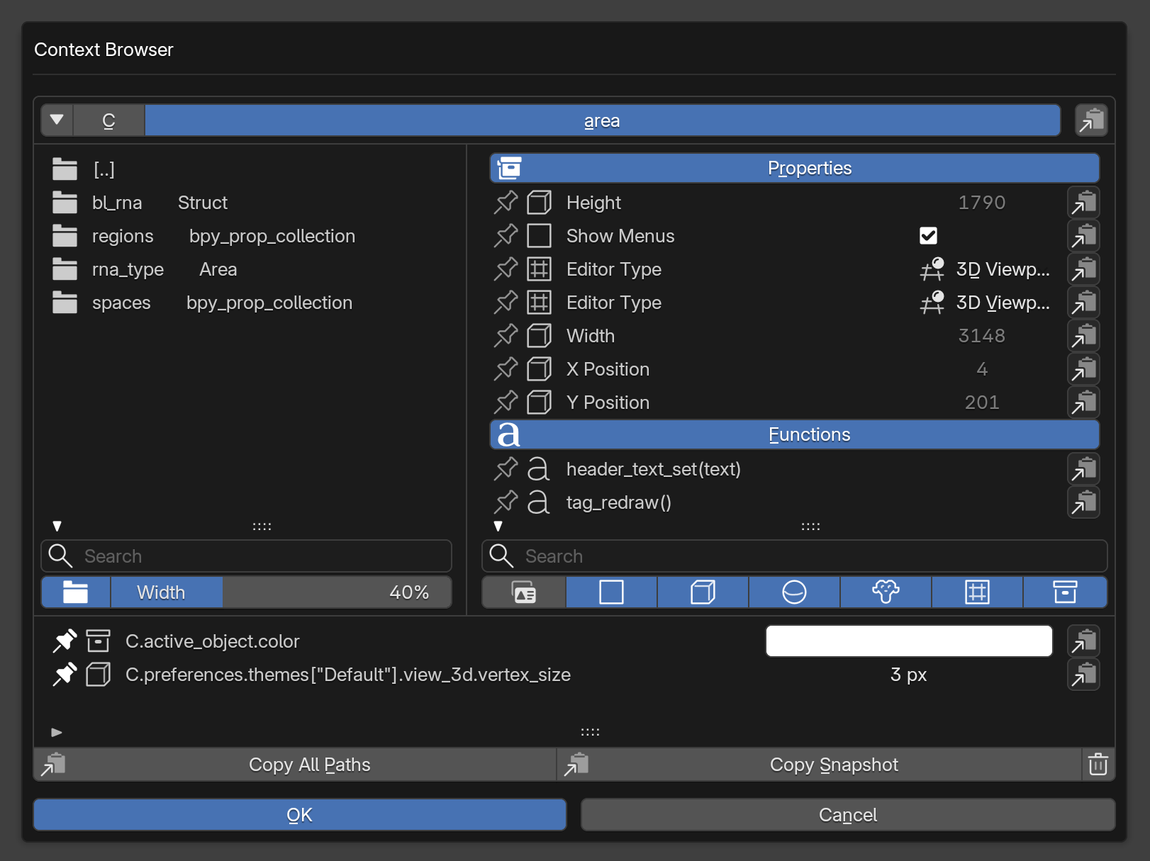 Context Browser showing C.area, with object color and theme vertex size pinned below.