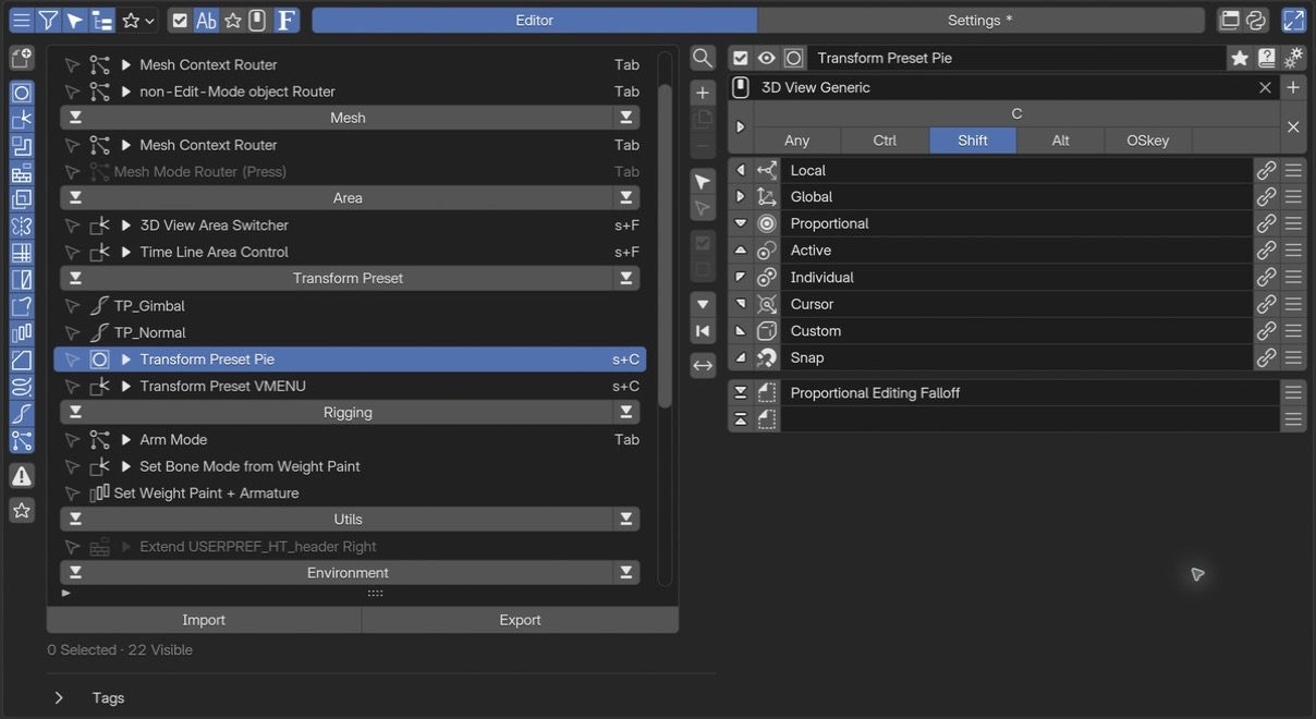 PME overview. A menu list grouped by tag is on the left. On the right are the Transform Preset Pie name, Shift C hotkey, and slots such as Local, Global, and Proportional.