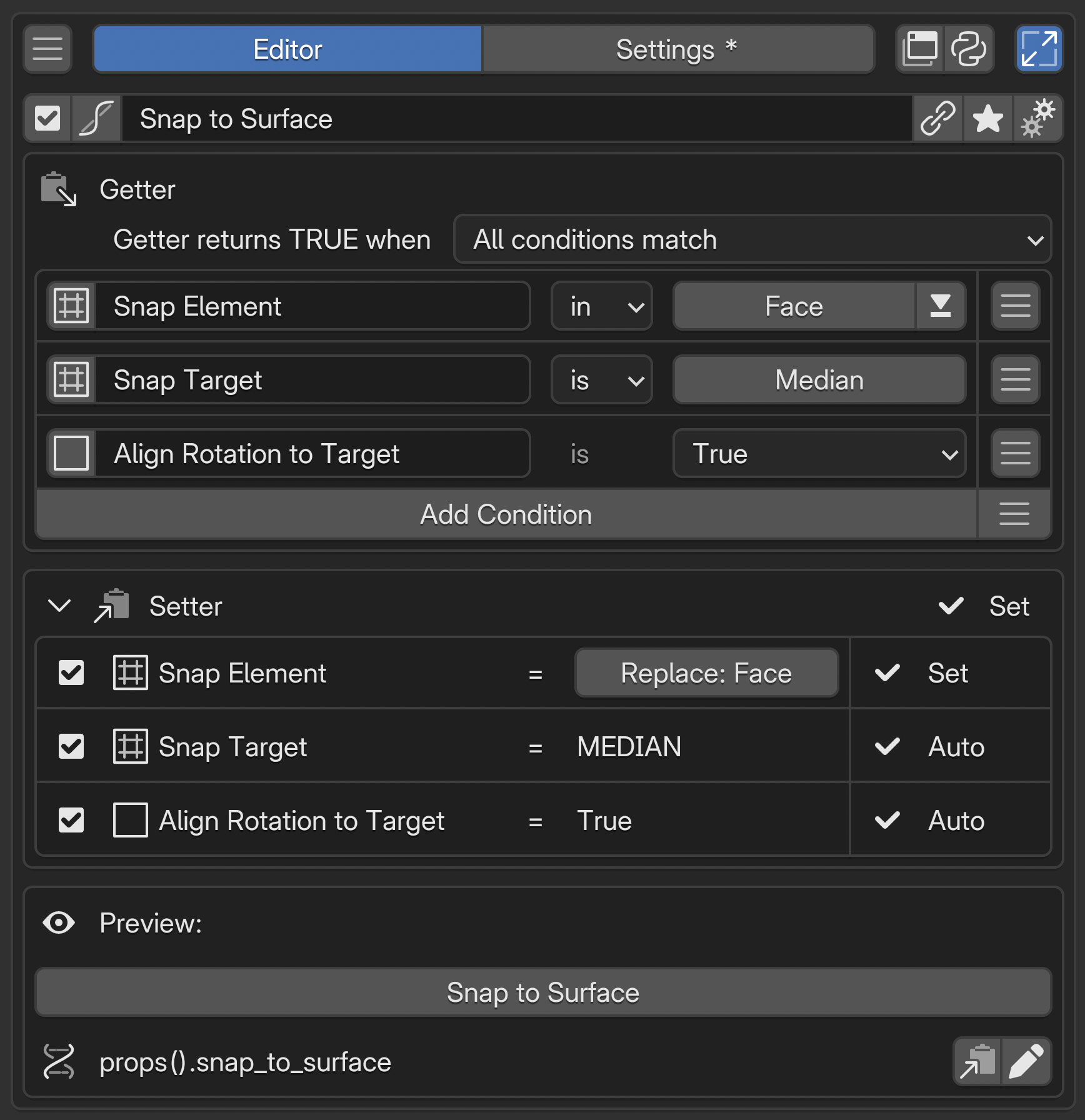 Snap to Surface in the editor, with Getter, expanded Setter, and Preview arranged from top to bottom.