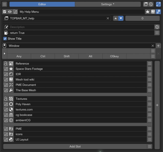 My Help Menu in the editor.