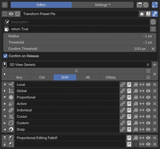 Hotkey settings: Keymap at the top, Hotkey Mode at the lower left, and keys and modifiers at the lower right. This example assigns Shift C in 3D View Generic.