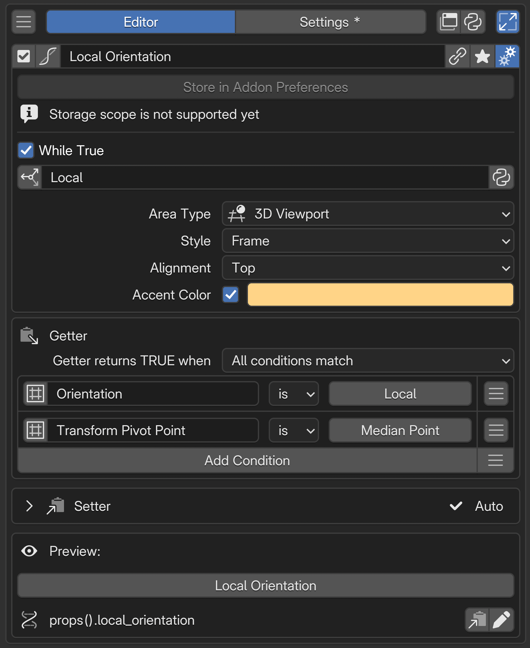 Local Orientation の Advanced settings。保存先は Addon Preferences。While True で Local を指定し、3D Viewport の上側に Frame を表示する設定。